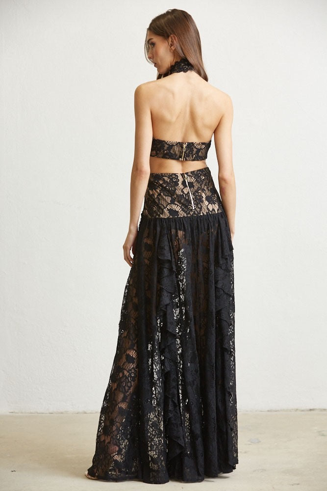 LACE MOCKNECK DRESS IN BLACK