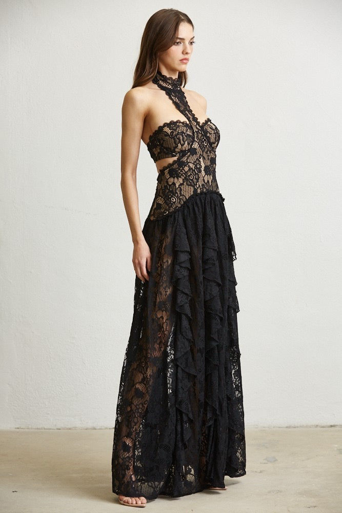 LACE MOCKNECK DRESS IN BLACK
