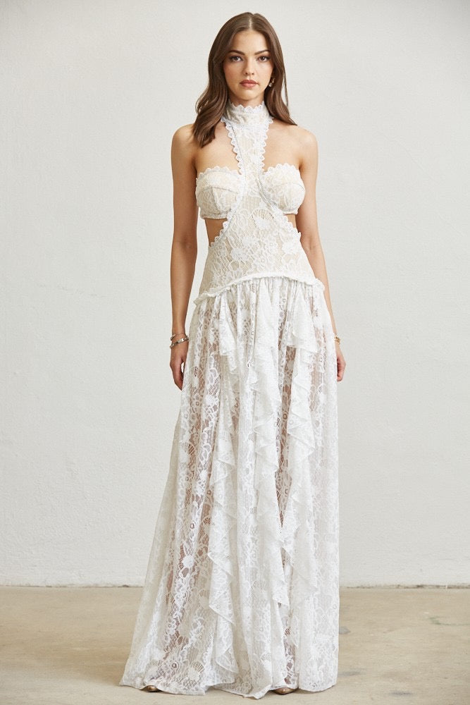 white lace mock neck dress Semi-Sheer Mock Neck Lace Flowy Long Dress