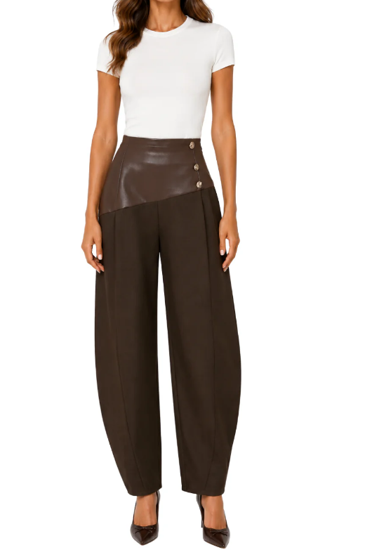 Asymmetrical Faux Leather Balloon Pants – Chocolate Brown