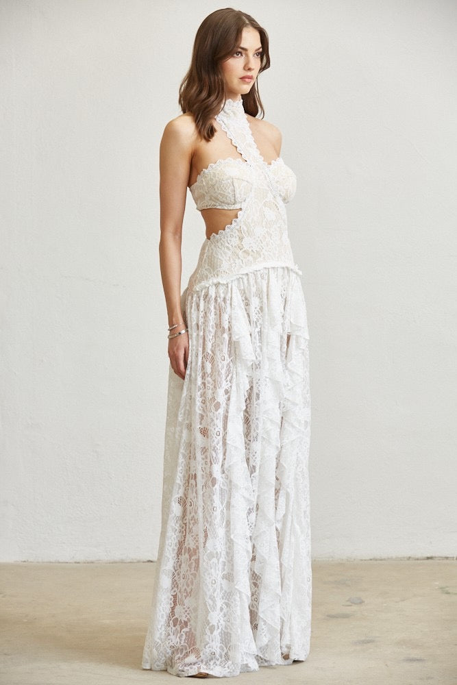 LACE MOCKNECK DRESS IN WHITE