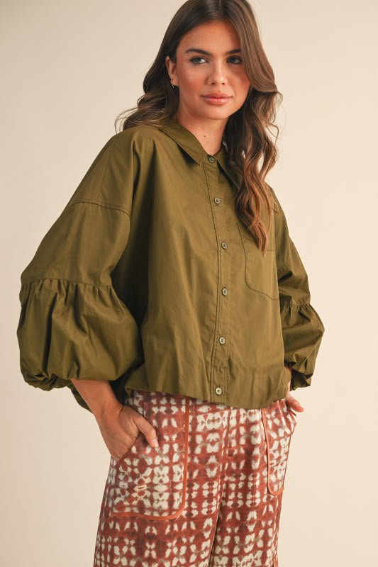 Olive Balloon Sleeve Shirt