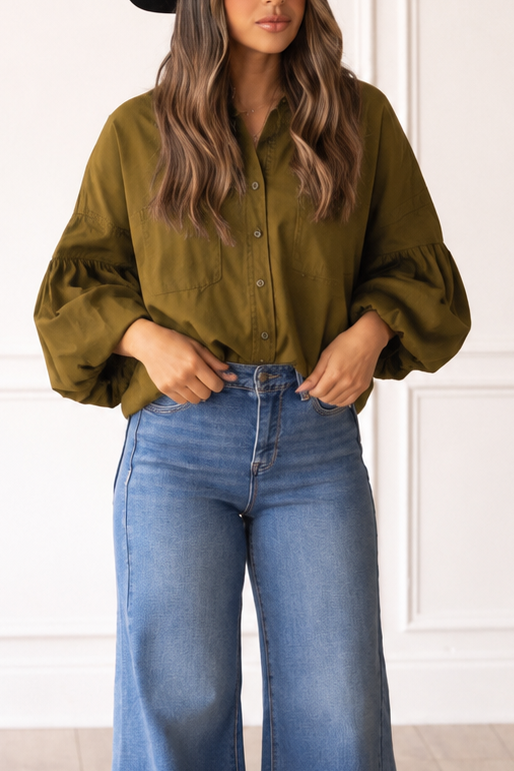Olive Balloon Sleeve Shirt