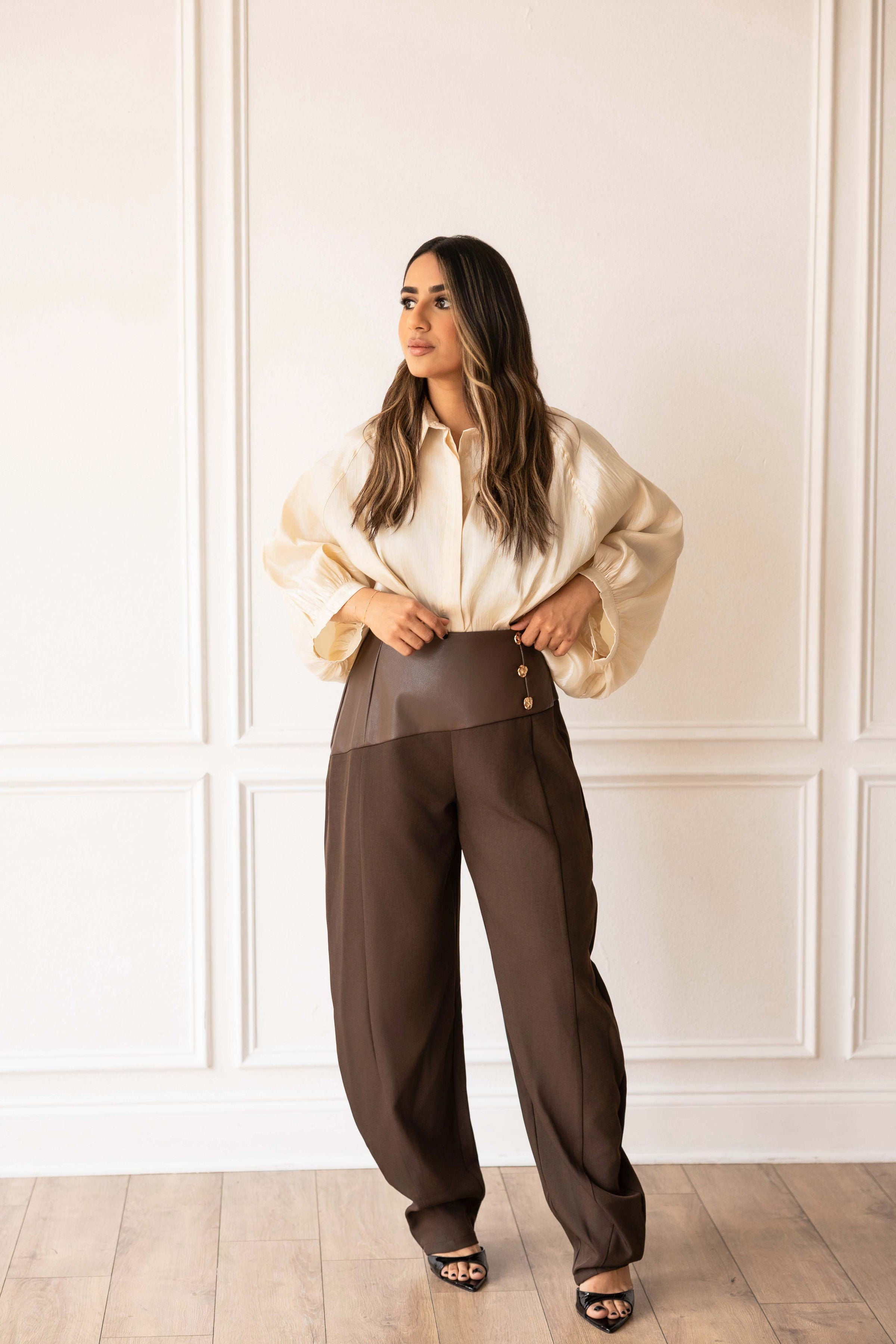 Asymmetrical Faux Leather Balloon Pants – Chocolate Brown – By Tartán