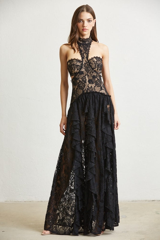 LACE MOCKNECK DRESS IN BLACK