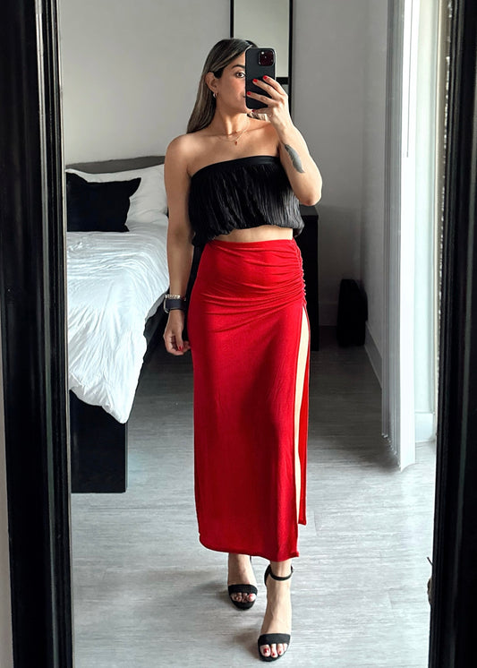 RED RUCHED SKIRT