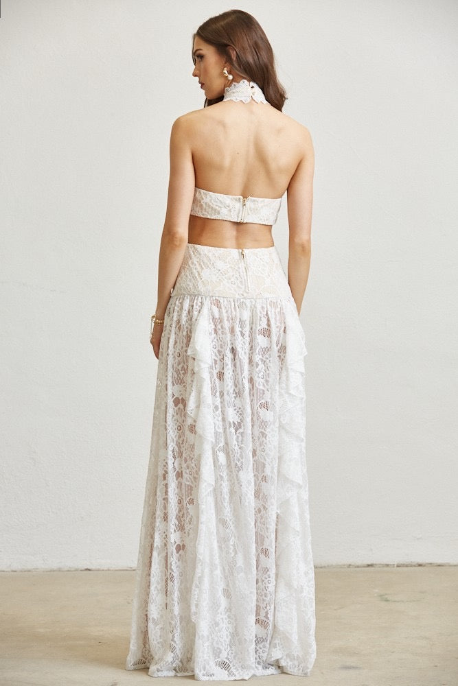 LACE MOCKNECK DRESS IN WHITE