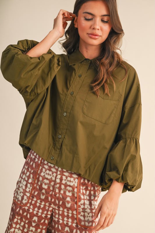 Olive Balloon Sleeve Shirt