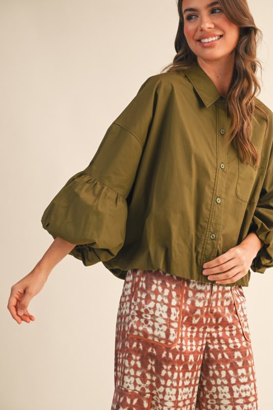 Olive Balloon Sleeve Shirt