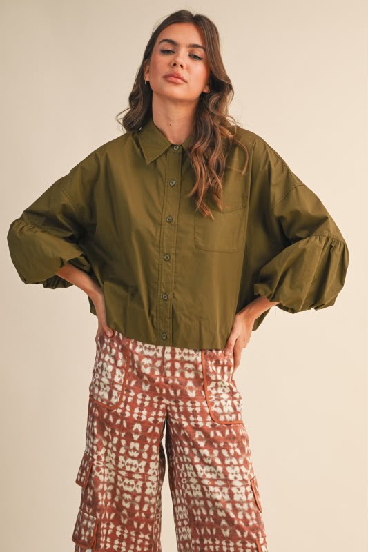 Olive Balloon Sleeve Shirt